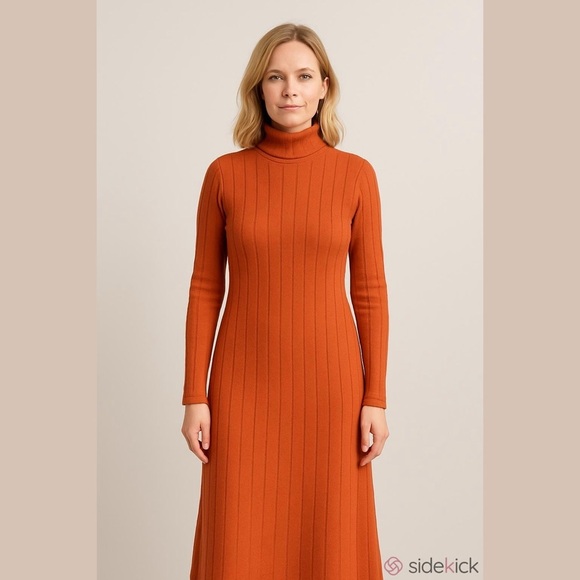 Orange Ribbed Turtleneck Midi Dress - Picture 2 of 3